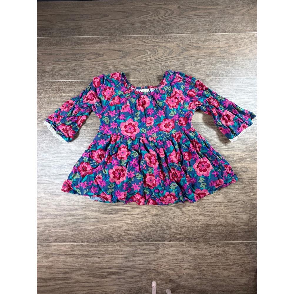 Matilda Jane Girls Floral Tunic Top Blue Pink Bell Sleeve Lace Trim Sz 10 Preppy
